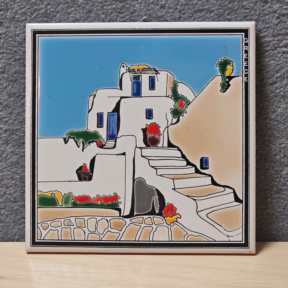 Vintage Greek Souvenir Ceramic Tile Hand Painted Cycladic Island Village Scene